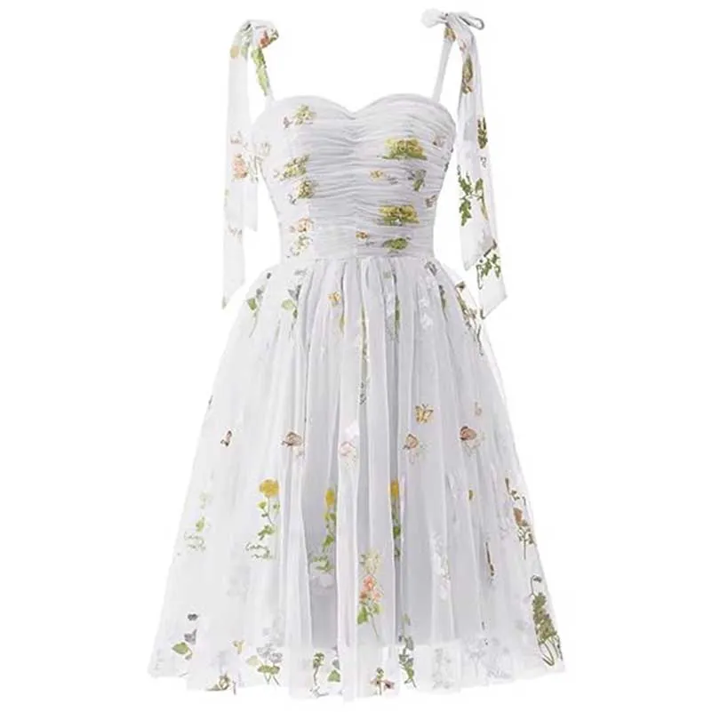 Women Tie Strap Tulle Prom Dresses Flower Embroidery Dress Short Formal Homecoming Dresses