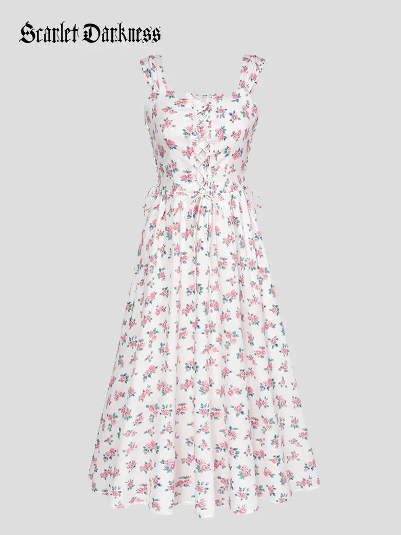 Women Victorian Floral Flared A-Line Cap Midi Dress