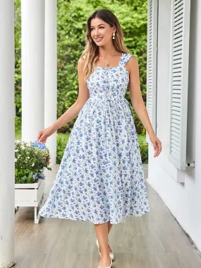 Women Victorian Floral Flared A-Line Cap Midi Dress