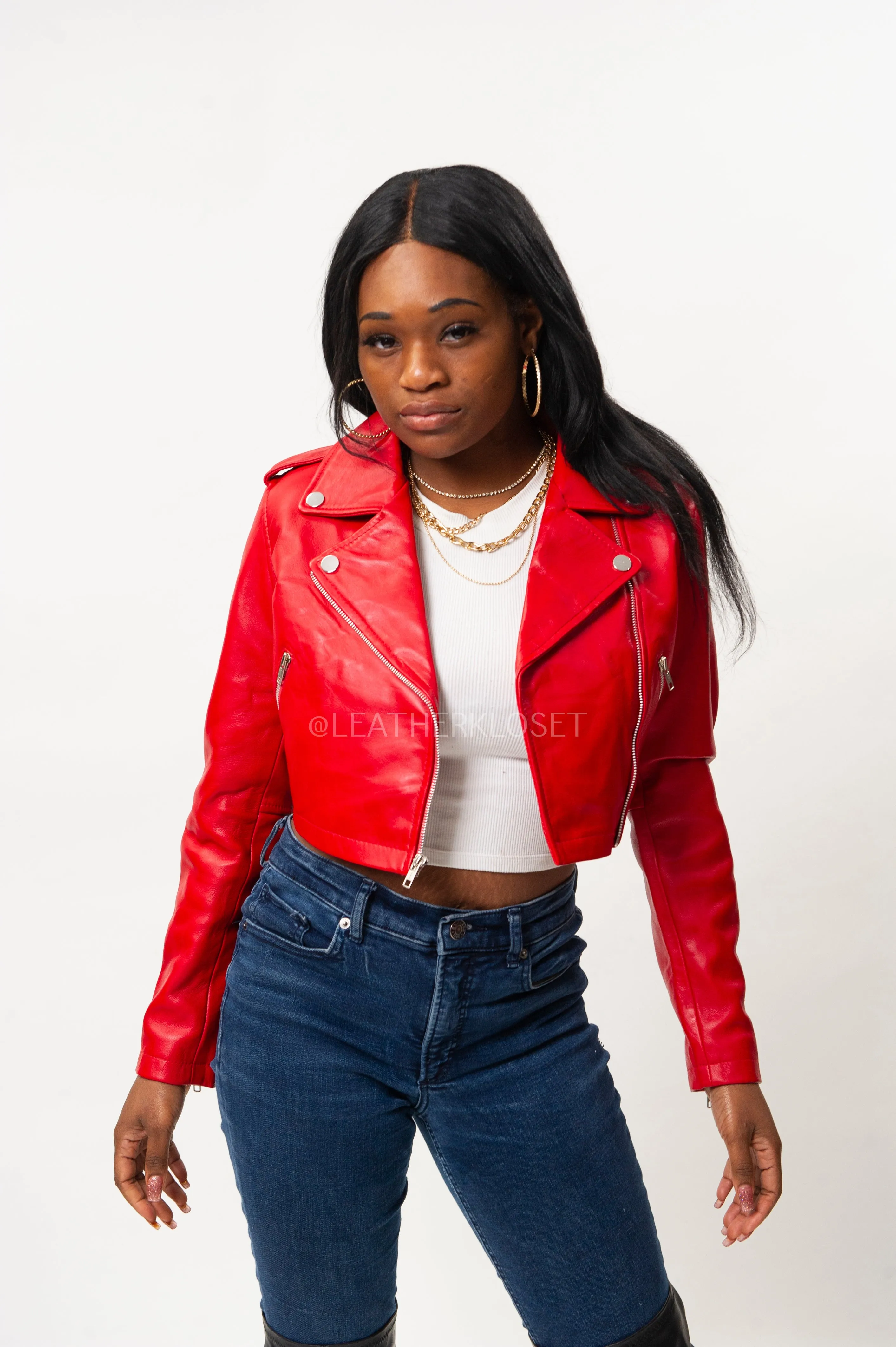 Women's Classic Crop Biker Red [SLIM FIT]