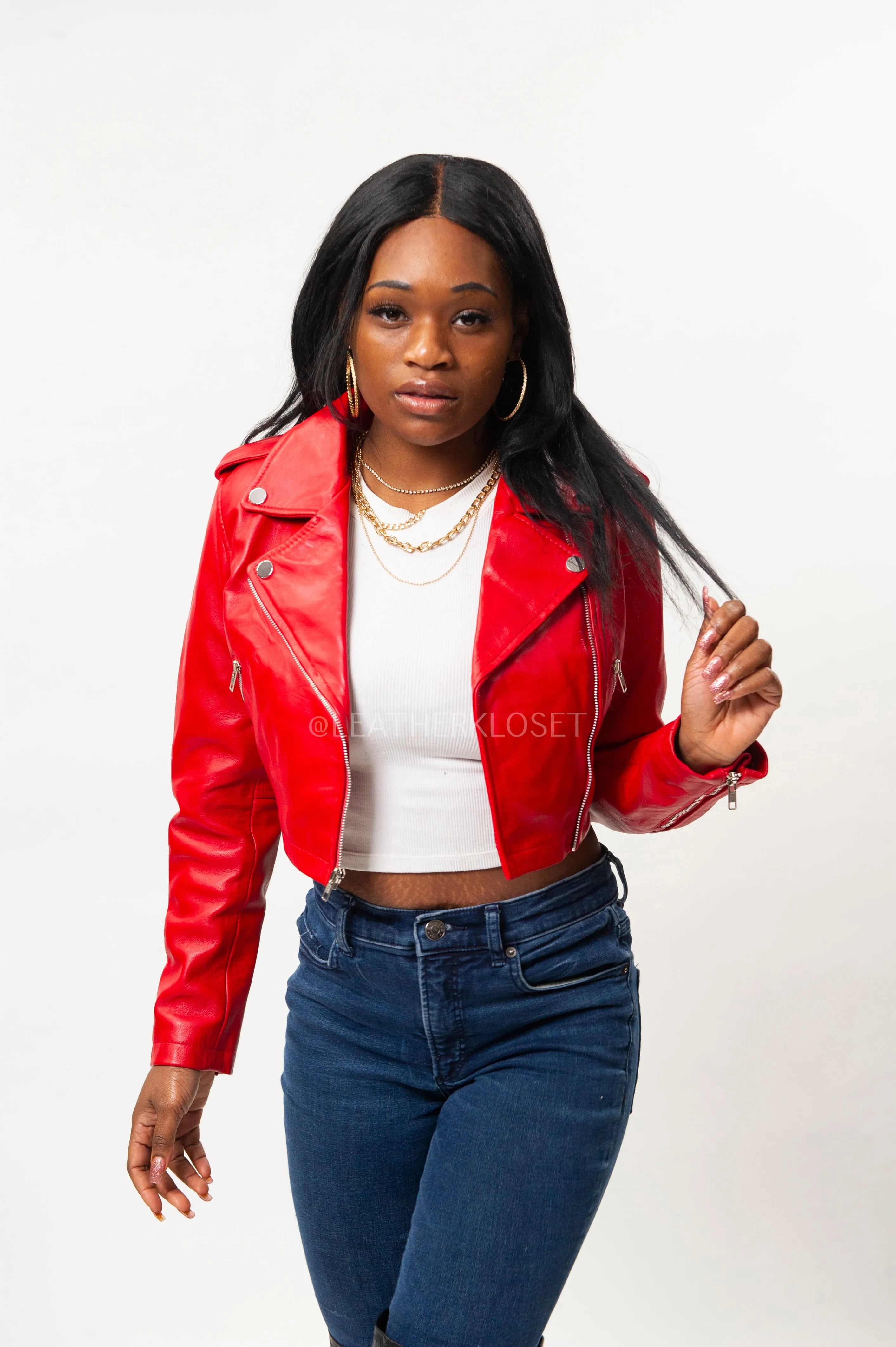 Women's Classic Crop Biker Red [SLIM FIT]