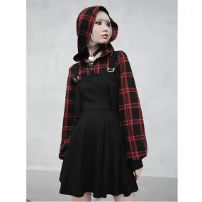 Women's Grunge False Two Pieces Hoodied Plaid Overall Dresses