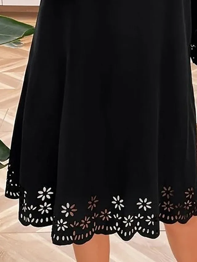 Women's Plus Size Casual Dress Black Dress Solid Color Midi Dress 3/4 Length Sleeve Cut Out Crew Neck Fashion Outdoor Black Summer Spring L XL XXL 3XL 4XL