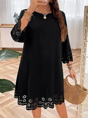 Women's Plus Size Casual Dress Black Dress Solid Color Midi Dress 3/4 Length Sleeve Cut Out Crew Neck Fashion Outdoor Black Summer Spring L XL XXL 3XL 4XL