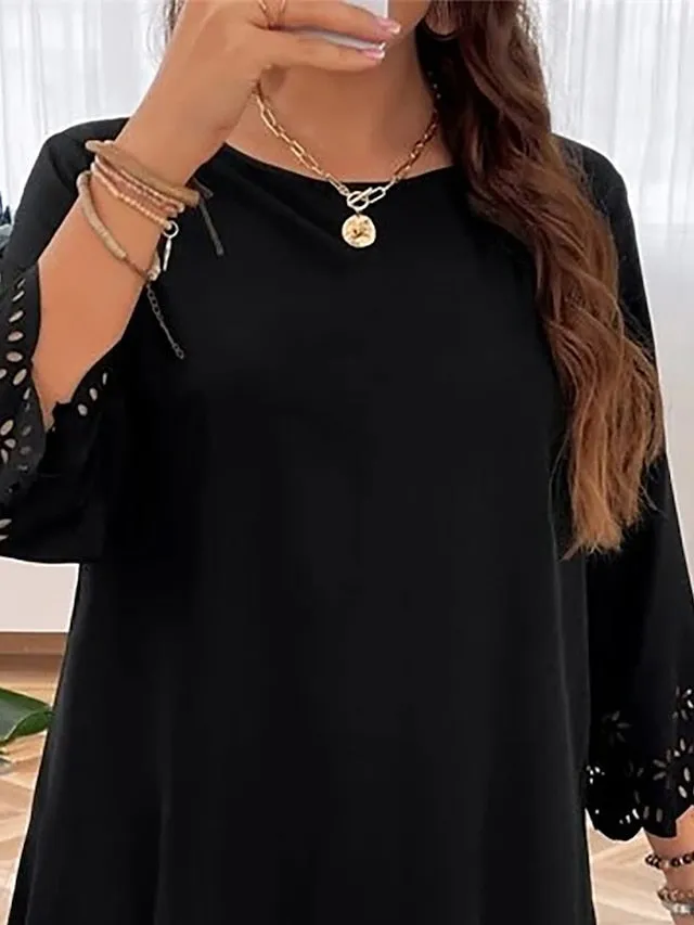 Women's Plus Size Casual Dress Black Dress Solid Color Midi Dress 3/4 Length Sleeve Cut Out Crew Neck Fashion Outdoor Black Summer Spring L XL XXL 3XL 4XL