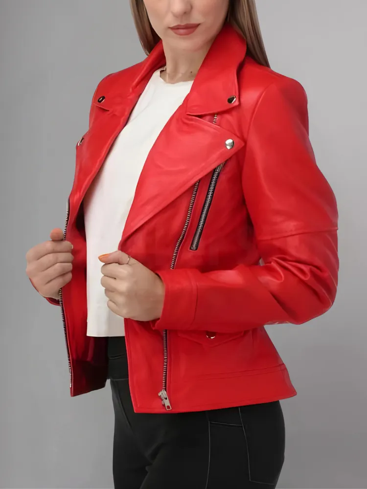 WOMEN’S RED LEATHER BIKER JACKET