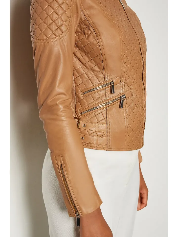 WOMEN’S TAN BEIGE LEATHER BIKER JACKET