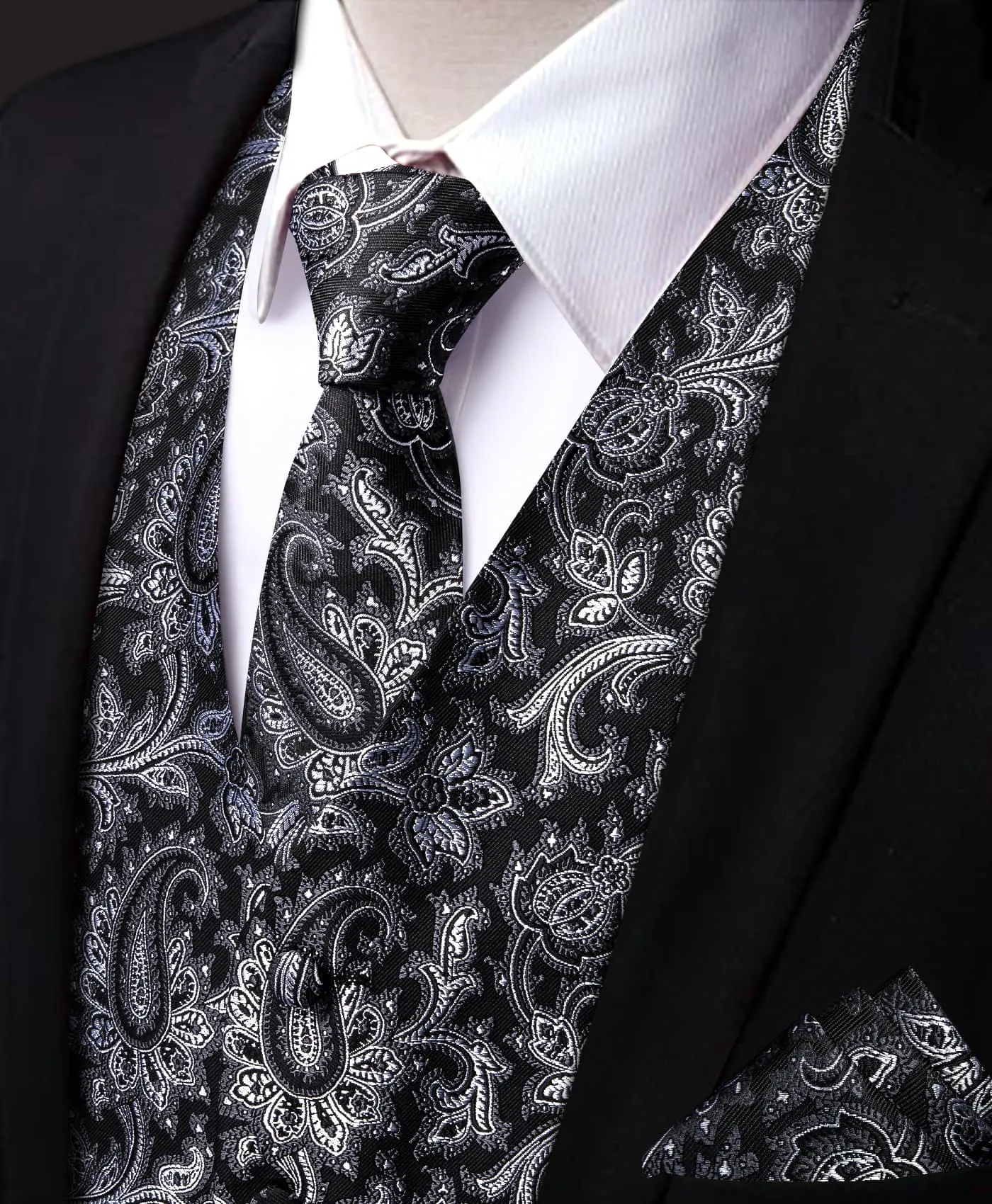 YourTies Black Waistcoat Silver Paisley V-Neck Mens Vest Necktie Set