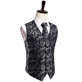 YourTies Black Waistcoat Silver Paisley V-Neck Mens Vest Necktie Set