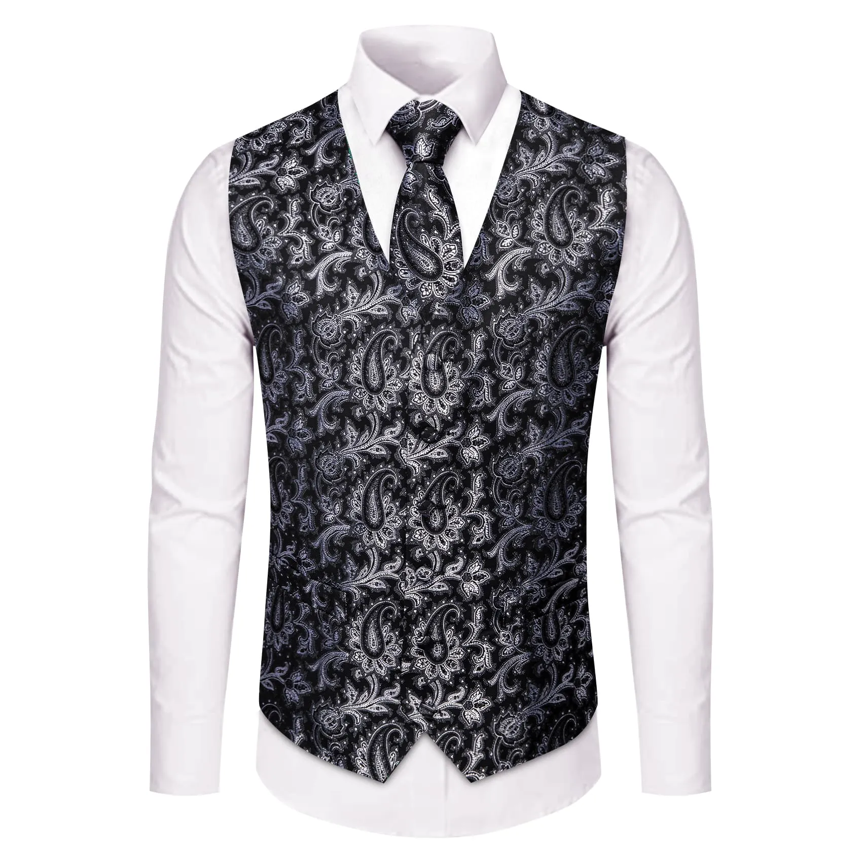 YourTies Black Waistcoat Silver Paisley V-Neck Mens Vest Necktie Set