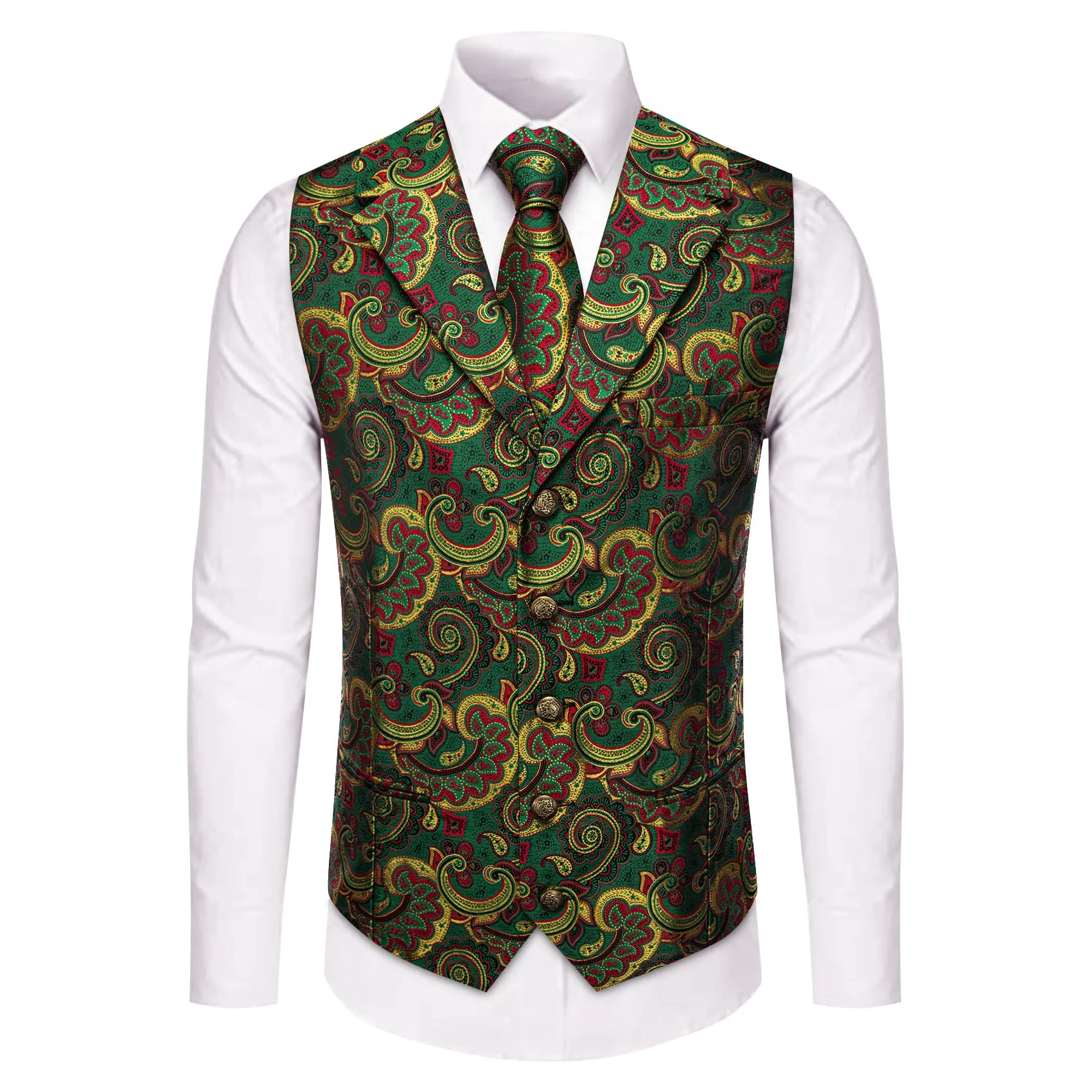 YourTies Dark Green Vest Yellow Red Paisley Mens Waistcoat Necktie Set