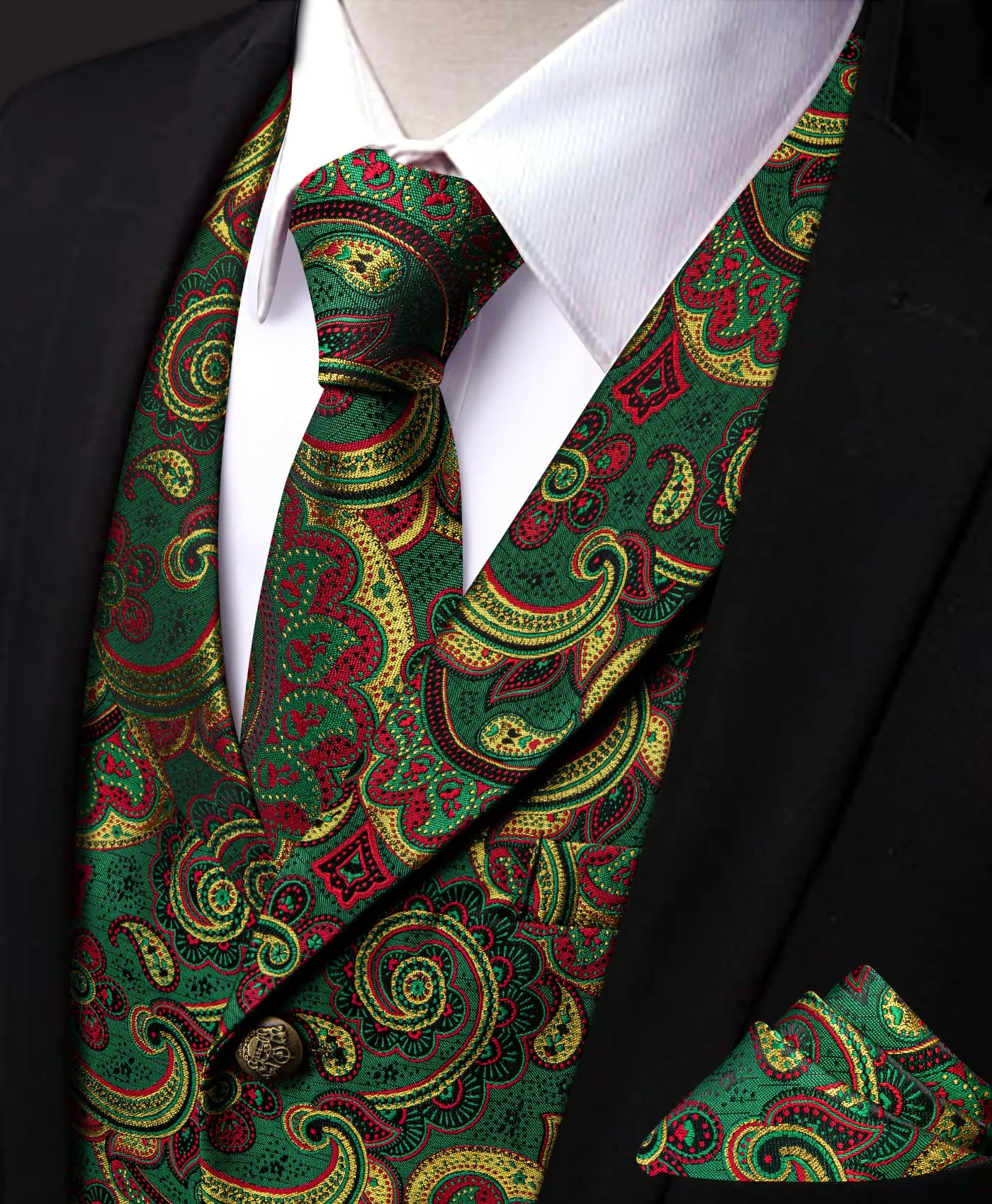 YourTies Dark Green Vest Yellow Red Paisley Mens Waistcoat Necktie Set