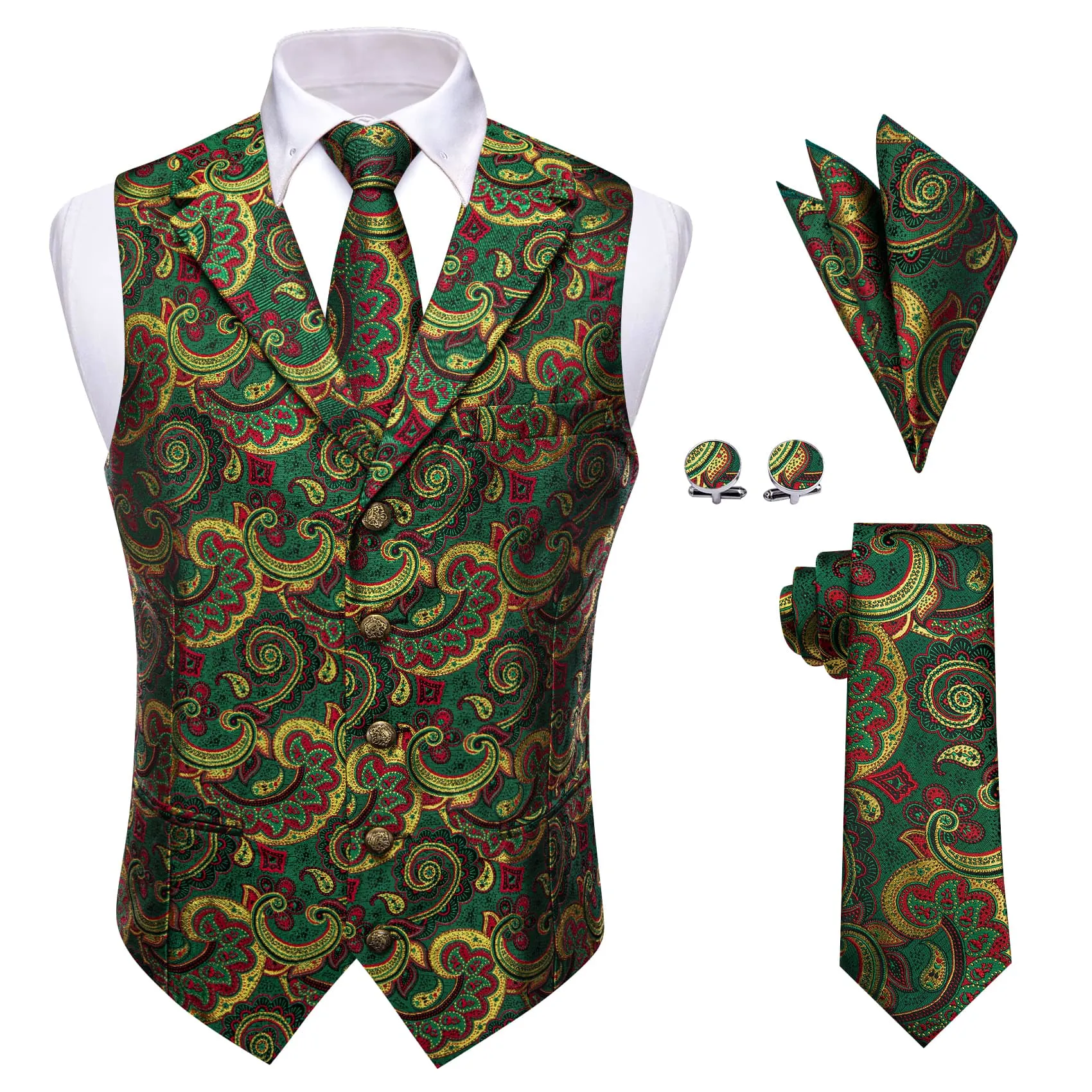 YourTies Dark Green Vest Yellow Red Paisley Mens Waistcoat Necktie Set